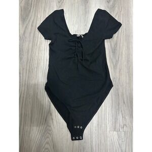 PINK Victoria's Secret Black Lace Up Bodysuit Short Sleeve Scoop Neck M‎